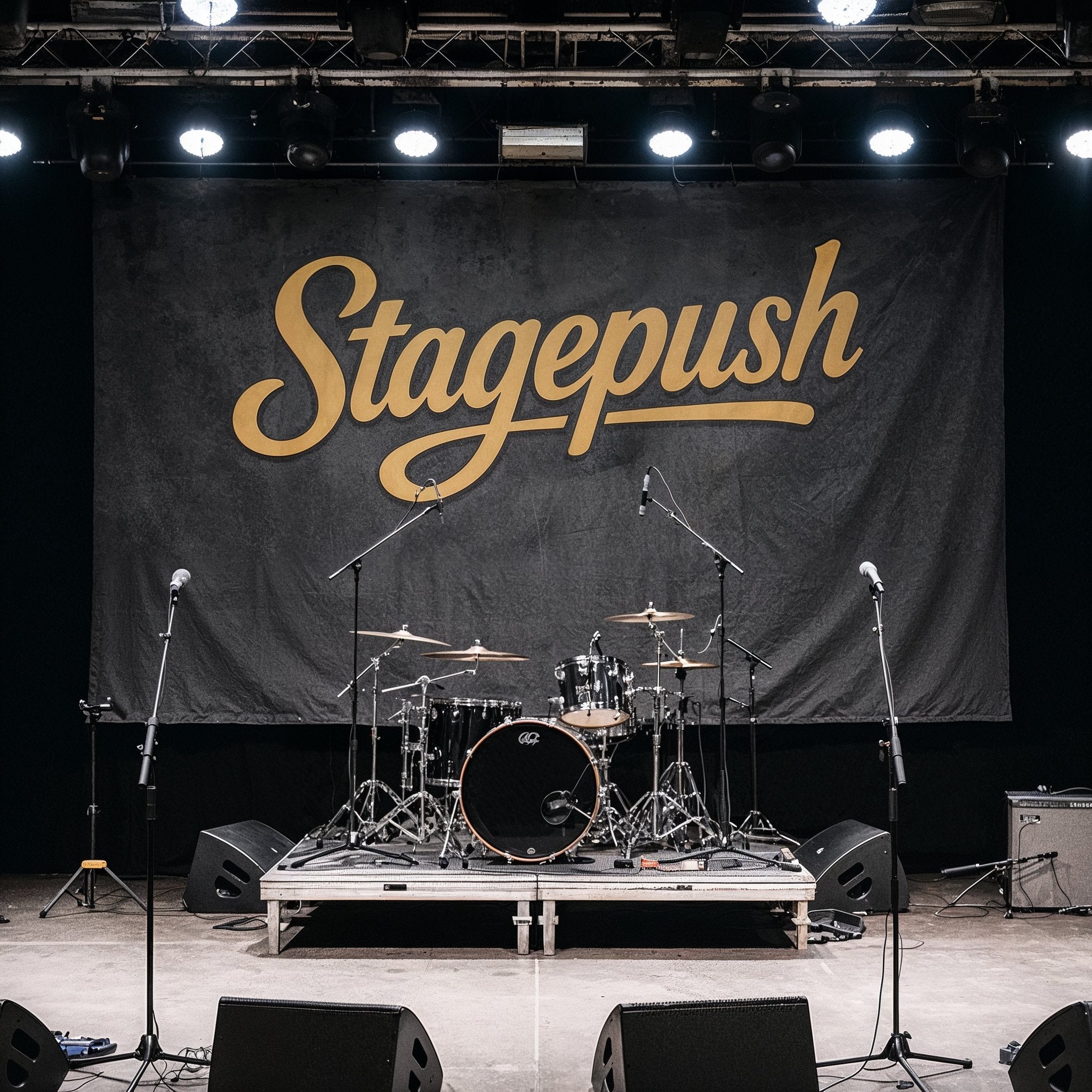 Custom stage backdrop with band logo on concert stage