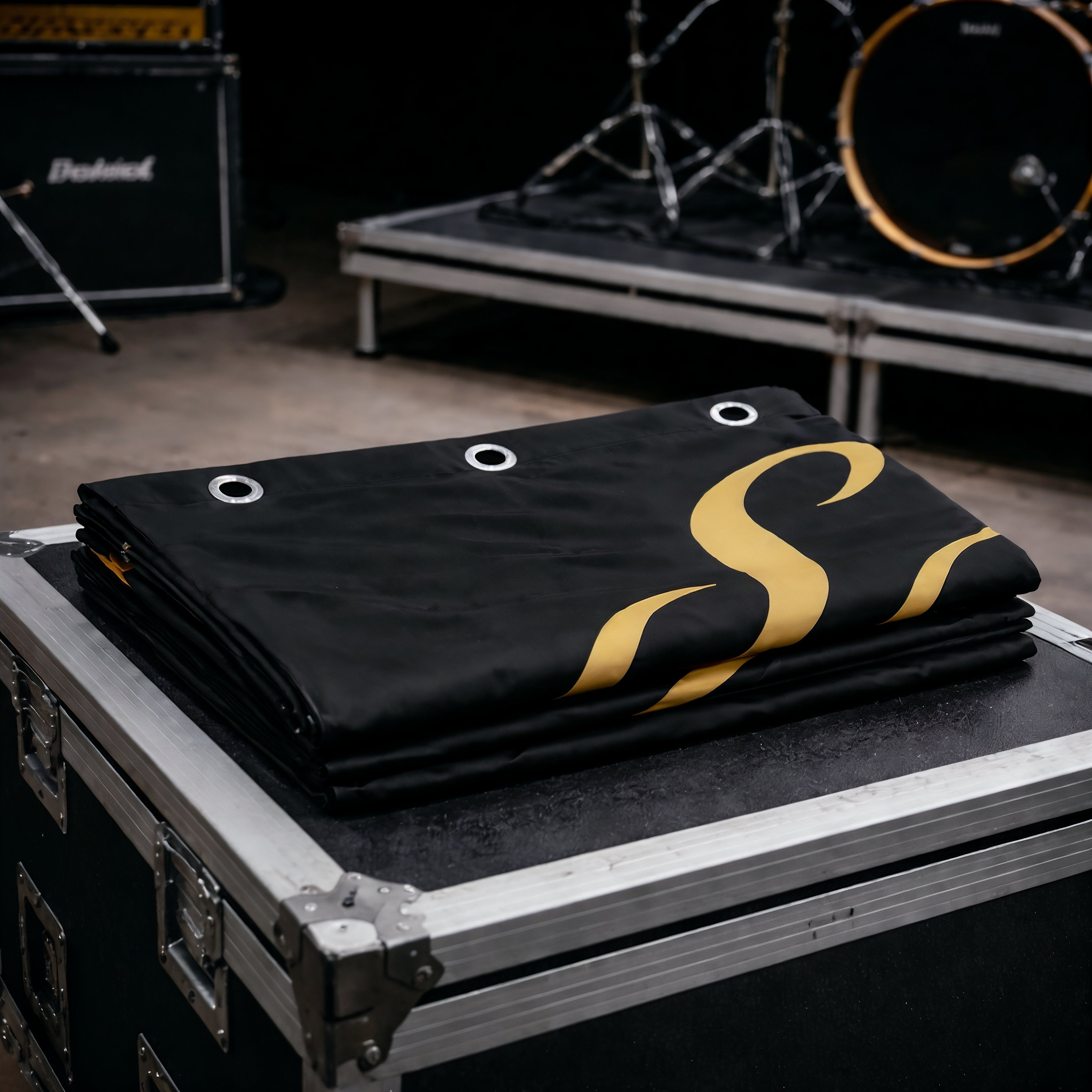 Close-up of custom printed stage backdrop fabric and details