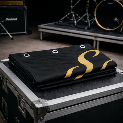 Close-up of custom printed stage backdrop fabric and details